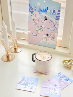 4 Posavasos Moomin winter 2022 9x9 cm, Azul-blanco-rosa
