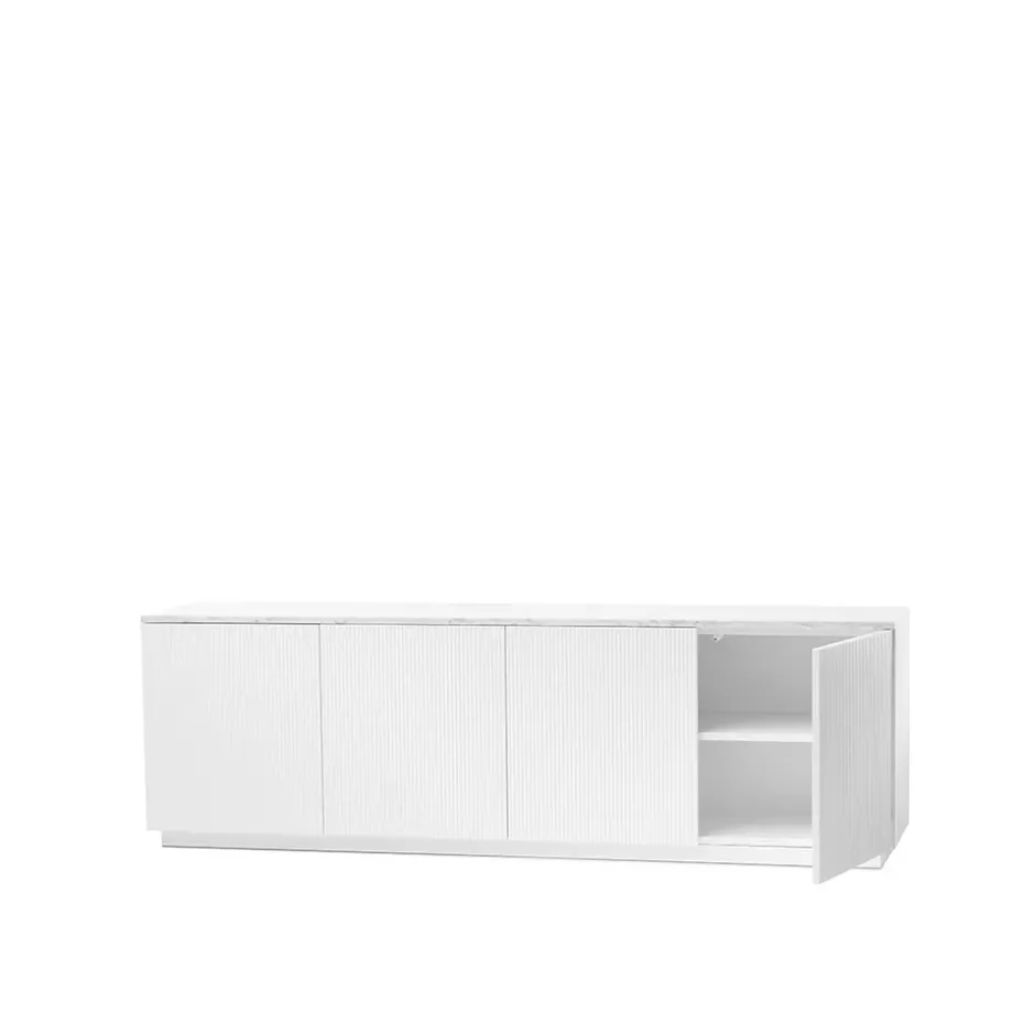 Aparador Beam, Lacado blanco, base blanca, panel superior en mármol carrara