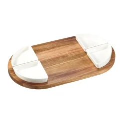Bandeja de servir y cuencos Sevyn, 5 piezas, Acacia-porcelana blanca