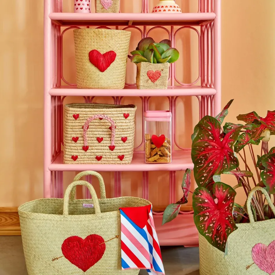 Cesta con asas Rice rafia 30x30 cm, Red hearts