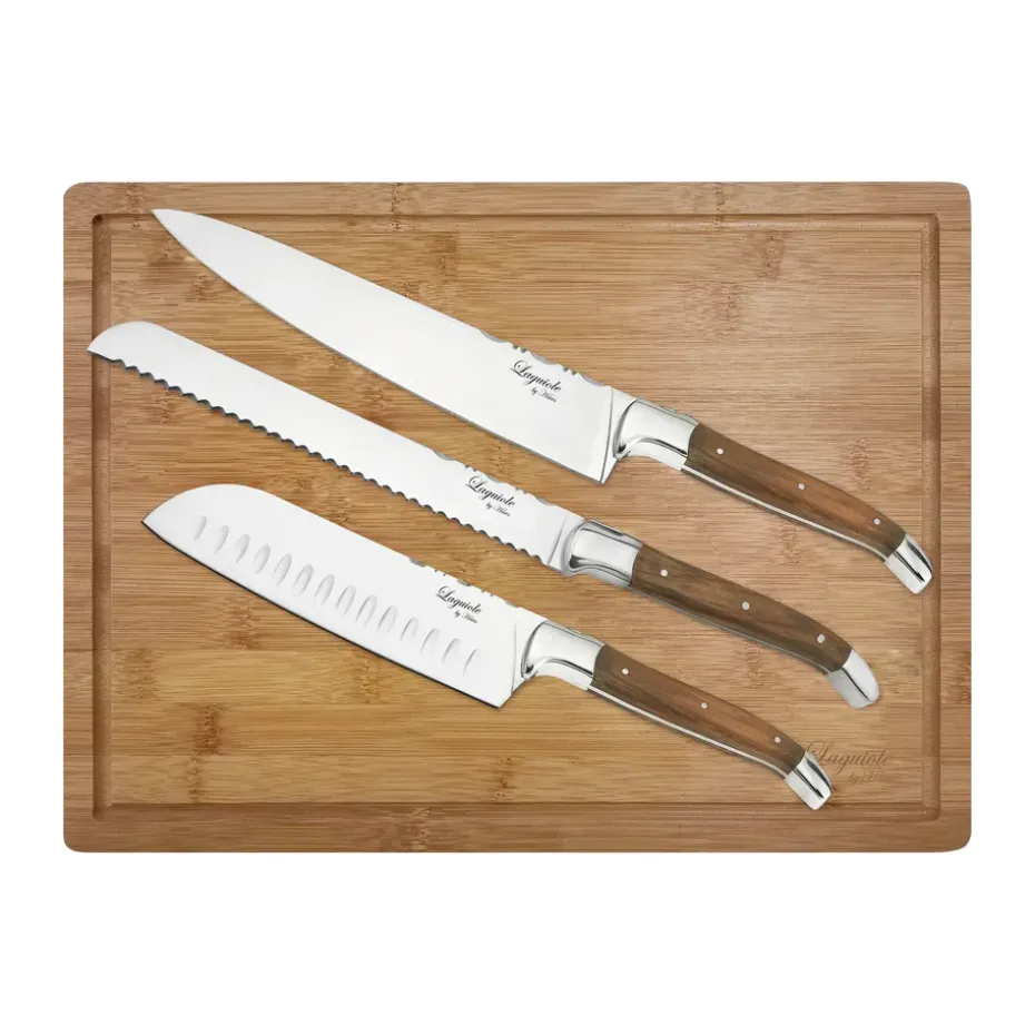 Cuchillos de chef Laguiole By Hâws con tabla de cortar, 4 piezas, Olivo-acero inoxidable-bambú
