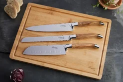 Cuchillos de chef Laguiole By Hâws con tabla de cortar, 4 piezas, Olivo-acero inoxidable-bambú