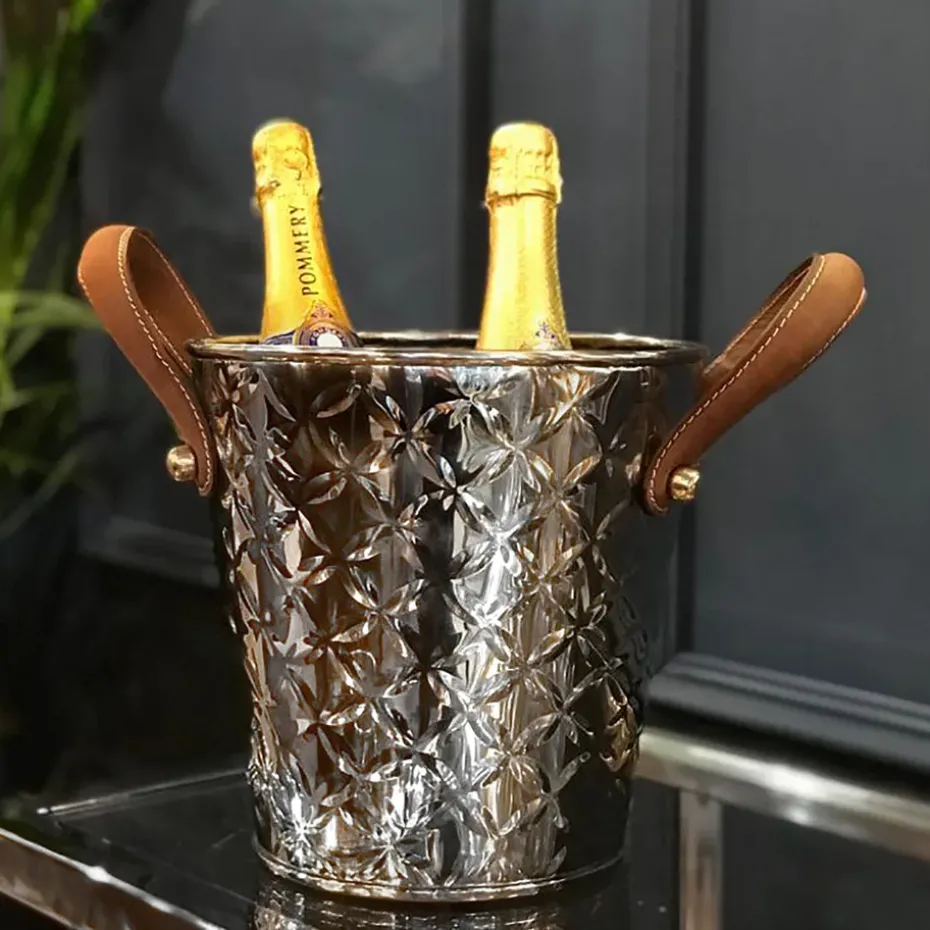 Enfriador de botellas vino French Fleur con asas de cuero, acero inoxidable