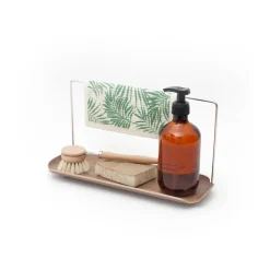 Estante para platos con soporte para paño LEAF, Nogal-acero inoxidable