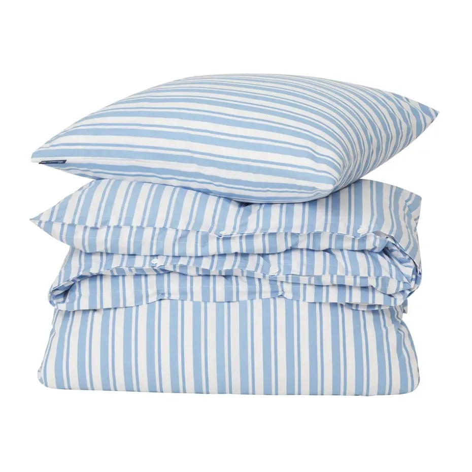 Juego de funda nórdica Striped Cotton Poplin, White-Blue, 2 fundas de almohada