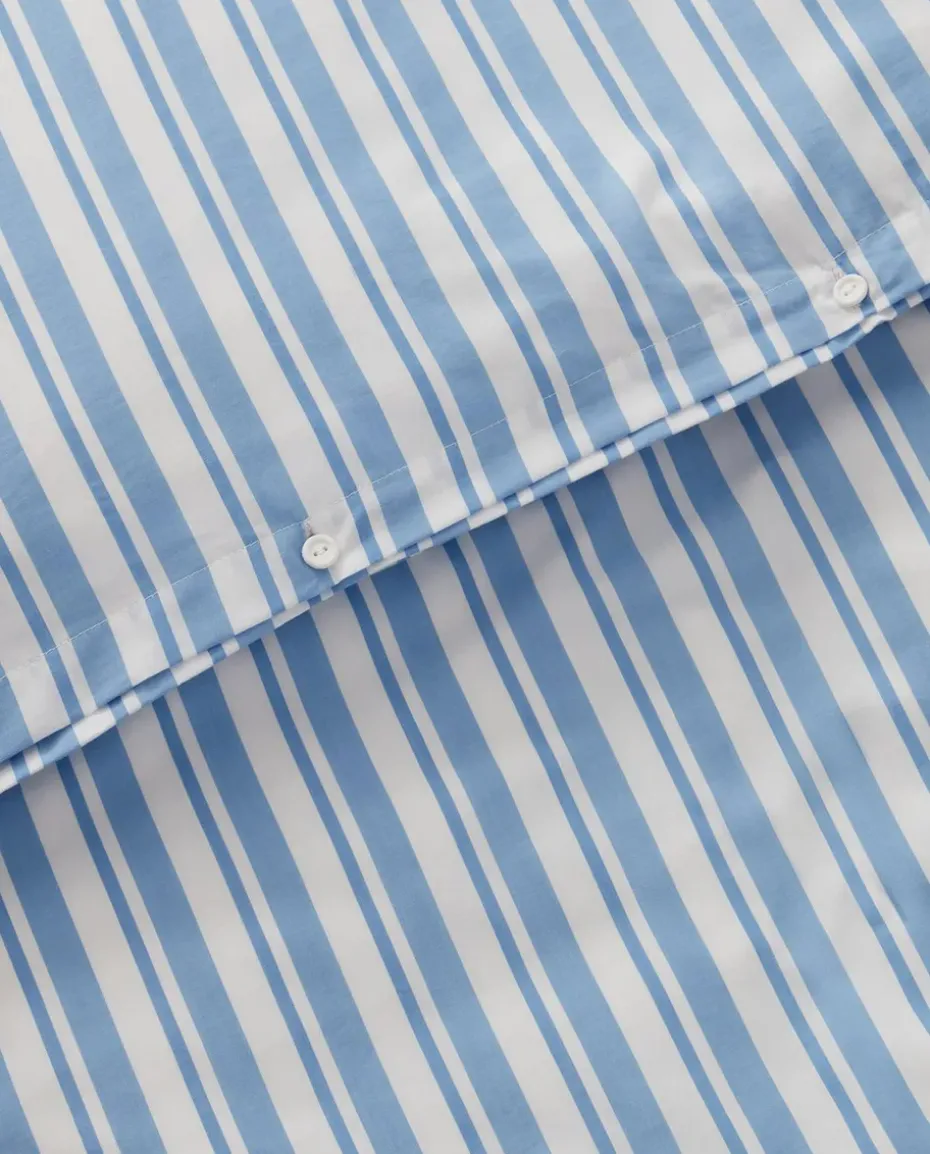 Juego de funda nórdica Striped Cotton Poplin, White-Blue, 2 fundas de almohada