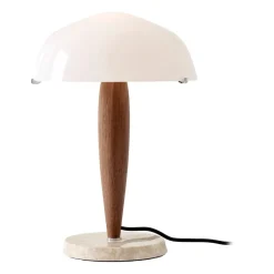 Lámpara de mesa Herman SHY3, nogal y mármol crema, cable textil