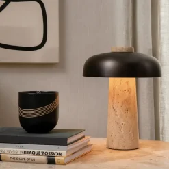 Lámpara de mesa Reverse 30 cm, Travertino-latón bronceado