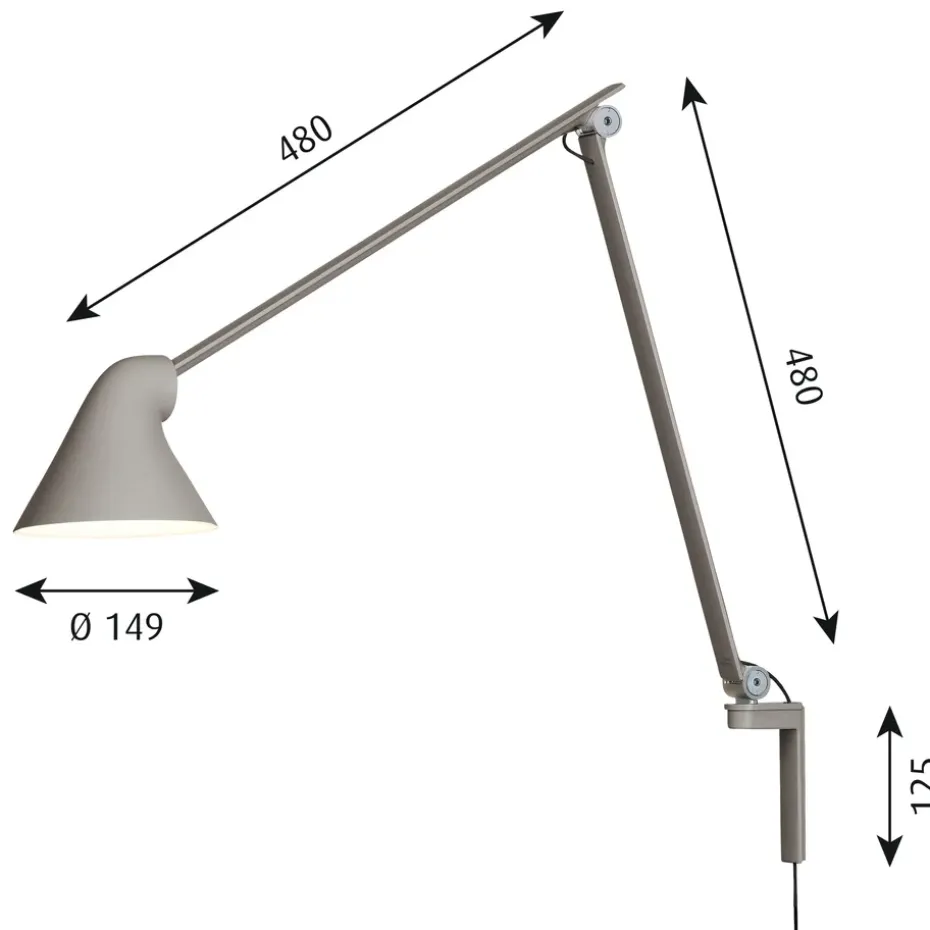 Lámpara de pared NJP brazo largo, Gris claro