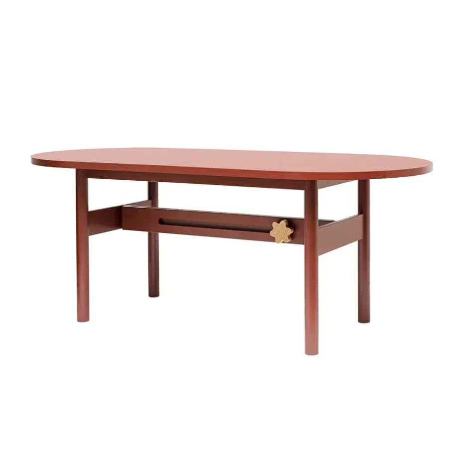 Mesa Ateljé, Roble-teñido de rojo-pomo en roble