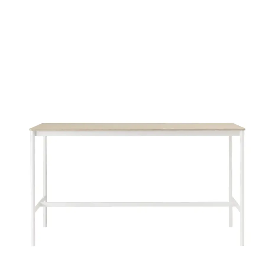 Mesa de bar Base High, Oak, base blanca, borde de madera contrachapada, w85 l190 h105