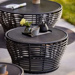 Mesa de centro Basket, Travertine, grande, base de mimbre natural