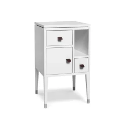 Mesita de noche Abisko con patas altas, Blanco, asa de piel de alce marrón cm