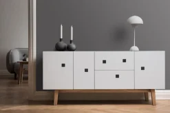 Mueble TV Peep M2, Blanco, retro, base de roble