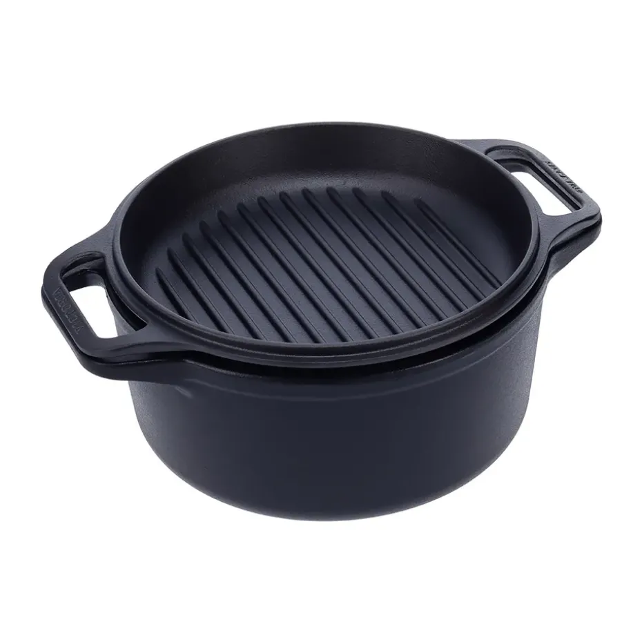 Olla y sartén parrilla de hierro fundido, previamente curados, 2 piezas