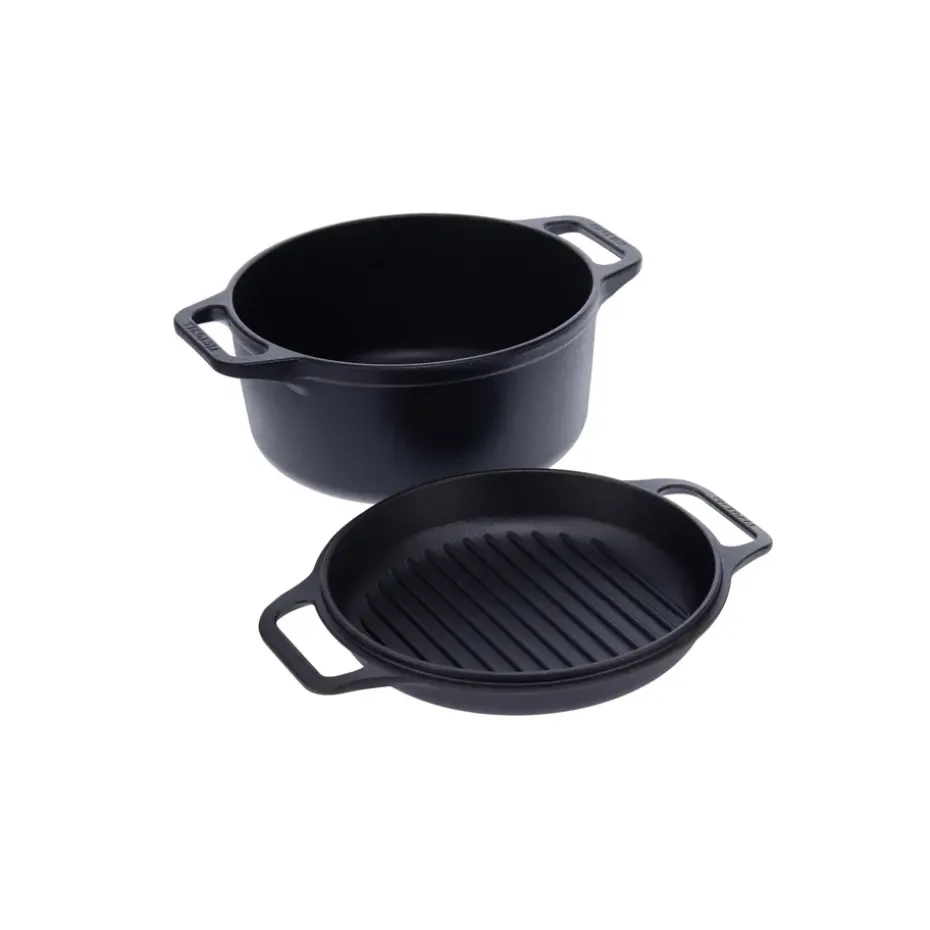 Olla y sartén parrilla de hierro fundido, previamente curados, 2 piezas