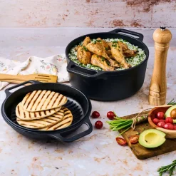 Olla y sartén parrilla de hierro fundido, previamente curados, 2 piezas