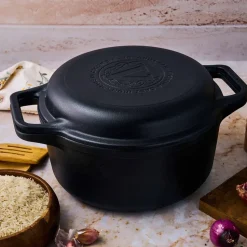 Olla y sartén parrilla de hierro fundido, previamente curados, 2 piezas