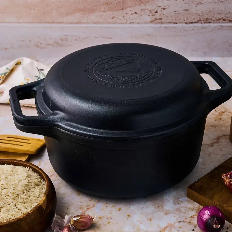 Olla y sartén parrilla de hierro fundido, previamente curados, 2 piezas