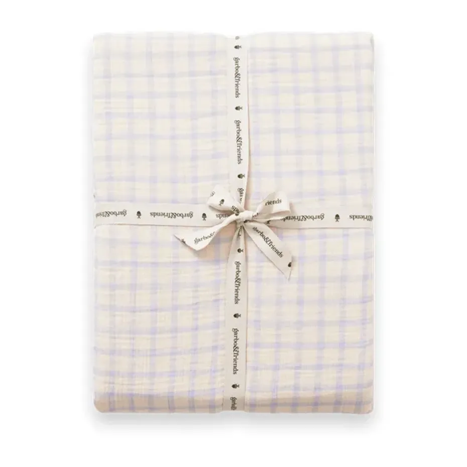 Sábana ajustable Gingham Sky Blue Muslin, 180x200x30 cm
