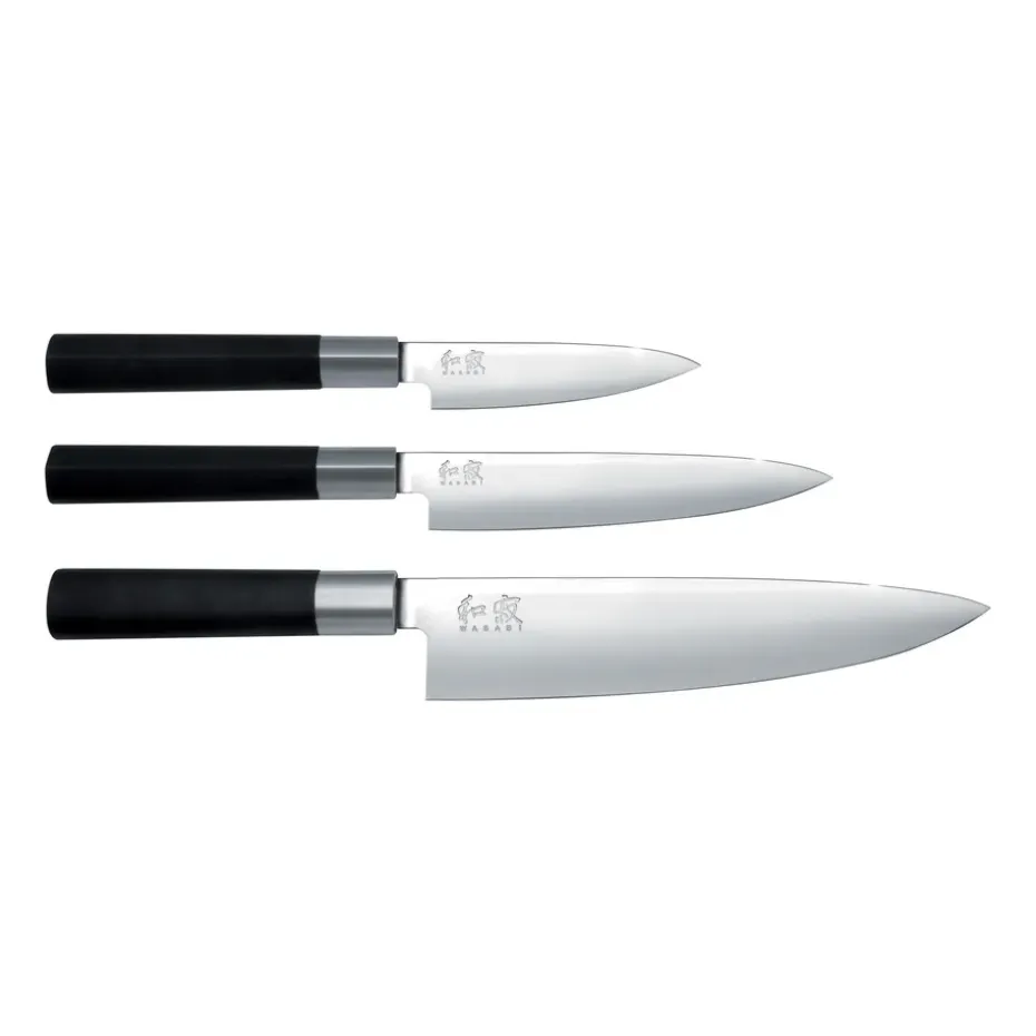 Set de cuchillo de chef y 2 cuchillos de uso general Kai Wasabi Black, 3 piezas