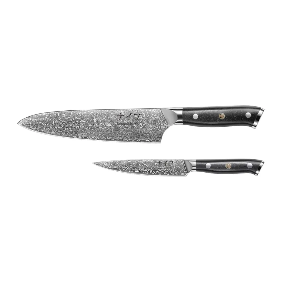 Set de cuchillos de chef y universales Damascus de Hâws, 2 piezas, Negro-acero inoxidable