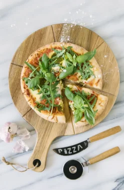 Set de pizza Pino, cuchillo y cortador de pizza, acacia-acero inoxidable