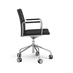Silla de oficina elevable/bajable sin basculación Stella, Cuero elmosoft 99999 negro, base de cromo, reposabrazos forrado en cuero, respaldo flexible