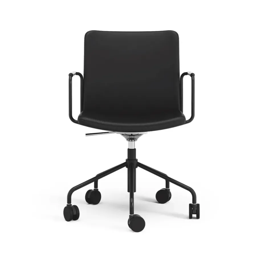 Silla de oficina elevable/bajable sin basculación Stella, Cuero elmosoft 99999 negro, base negra, respaldo flexible