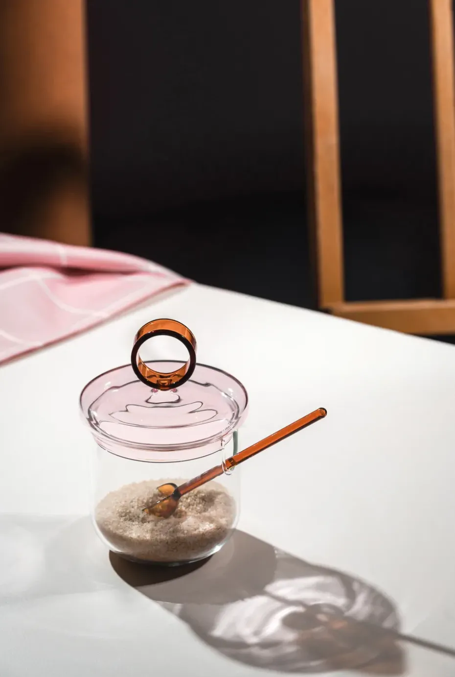 Tazón para azúcar con cuchara Loop Ø14 cm, Transparente-rosa-ámbar