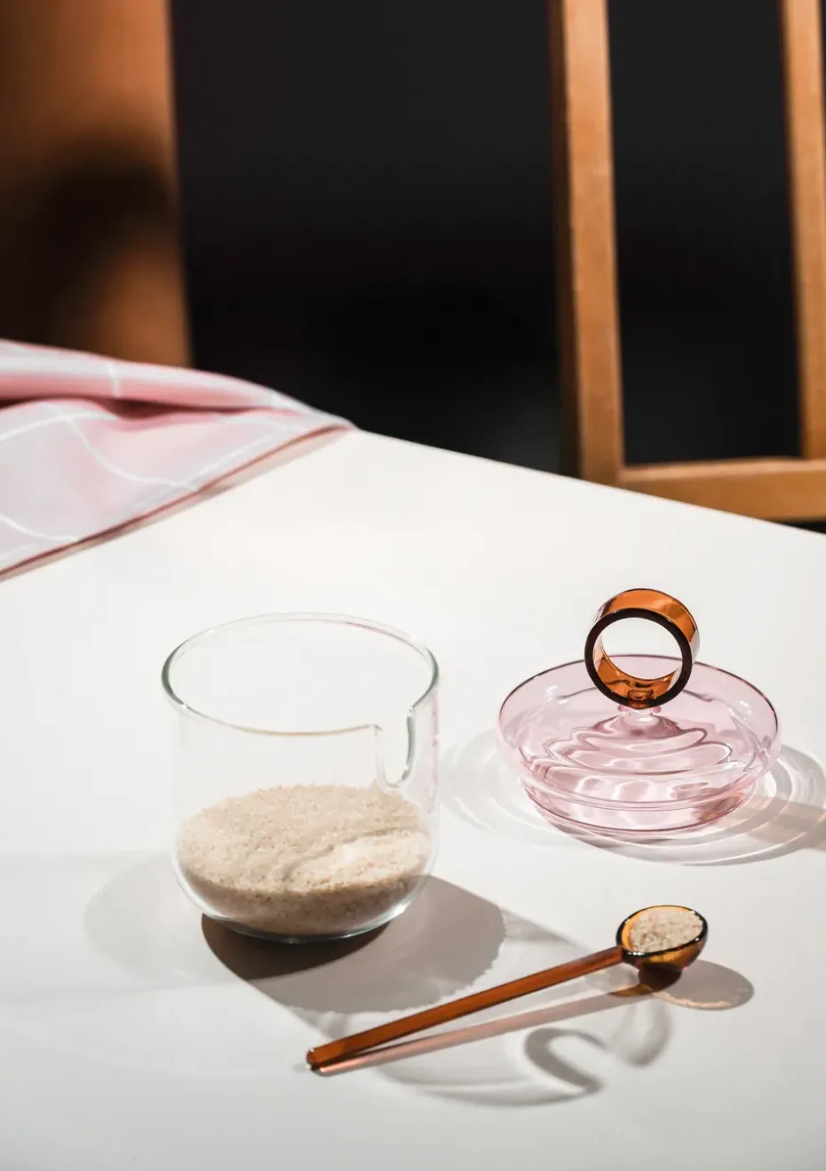 Tazón para azúcar con cuchara Loop Ø14 cm, Transparente-rosa-ámbar