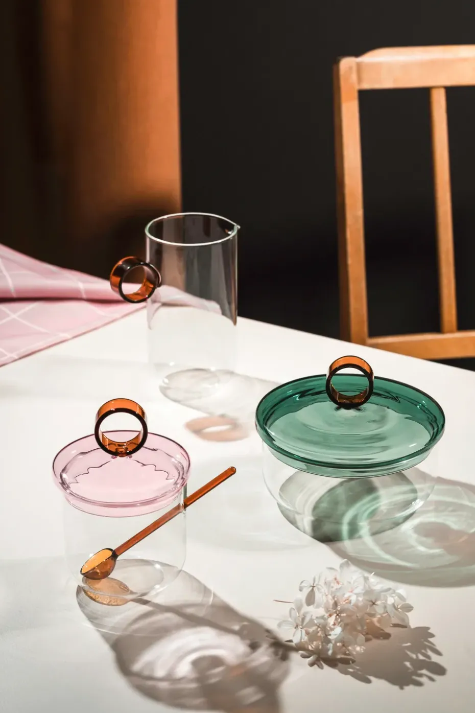 Tazón para azúcar con cuchara Loop Ø14 cm, Transparente-rosa-ámbar